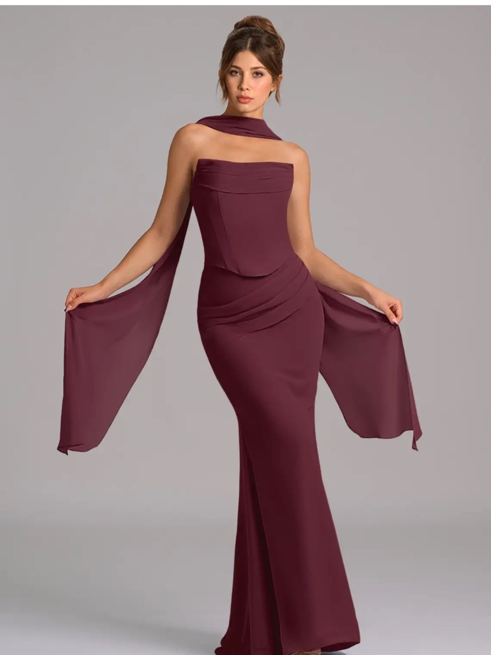Azazie Sorrel Burgundy Maxi Gown with Chiffon Shawl